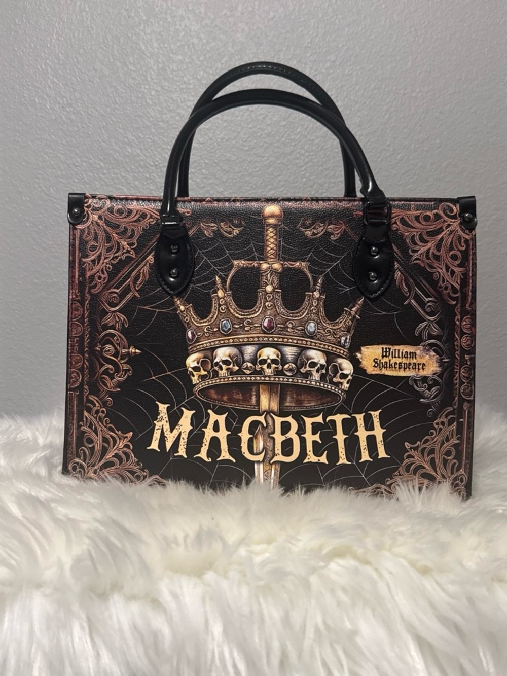 Macbeth Graphic Tote Bag Purse with Crown Design - Black and Bronze